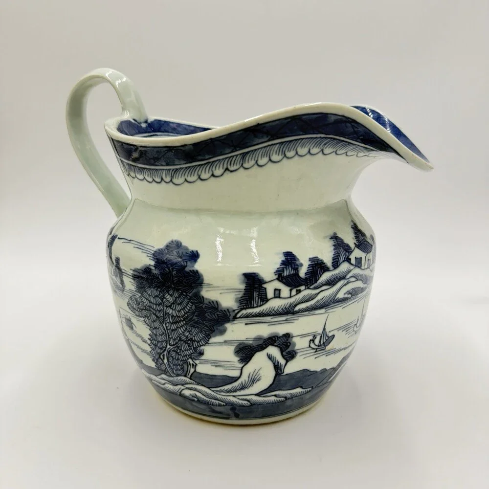 Antique Chinese Blue & White Canton Export Porcelain Large Pitcher 9”H x12” L